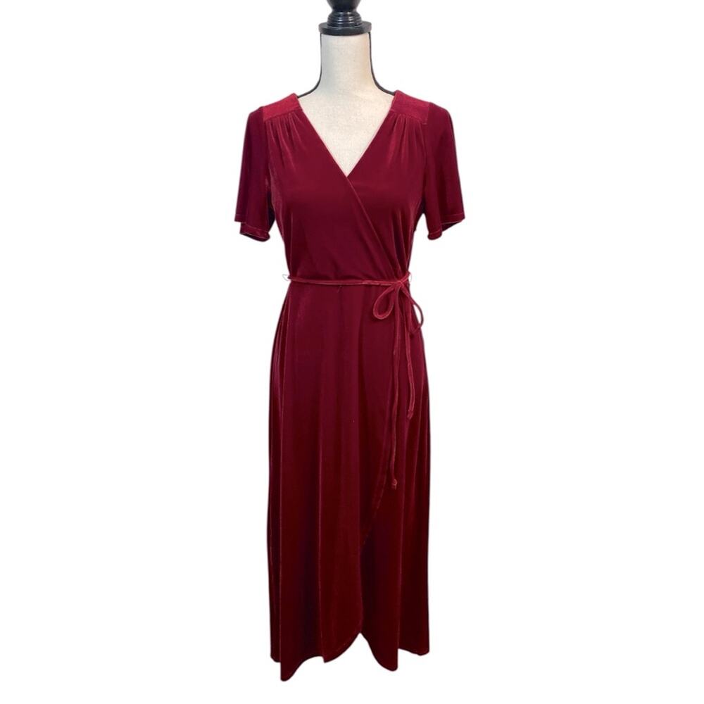 Chelsea 28 Burgundy Velvet Flutter Sleeve Faux Wrap Maxi Dress Size Medium